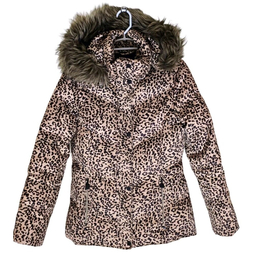 Calvin Klein Leopard Print Puffer Jacket Coat RemovableHood Pockets Women Small